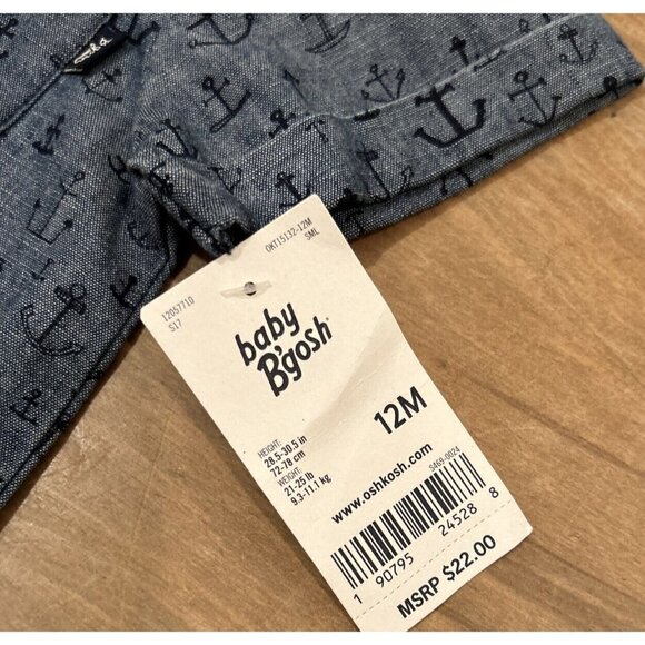 OshKosh Baby B'Gosh 12M Blue Chambray Anchor Print Button Up Shirt Short Sleeve - Picture 2 of 4